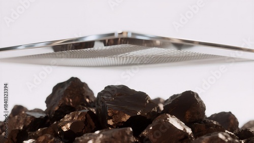 Shiny metallic mesh hovering over a pile of dark coal rocks, creating a futuristic and industrial atmosphere.