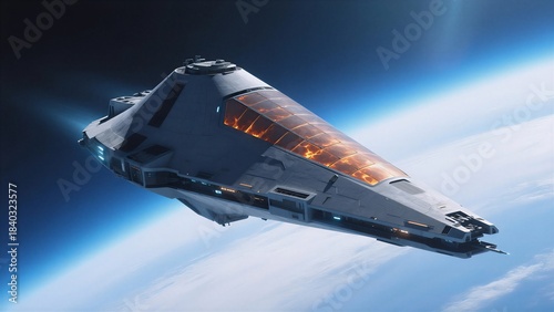 Futuristic spaceship soaring above Earth, expressed awe or Used in sci-fi scenes