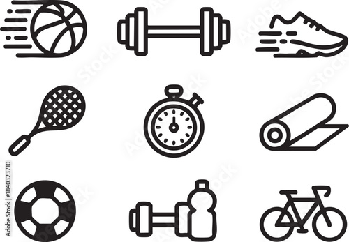 Collection of black line art icons representing sports and fitness equipment basketball motion
