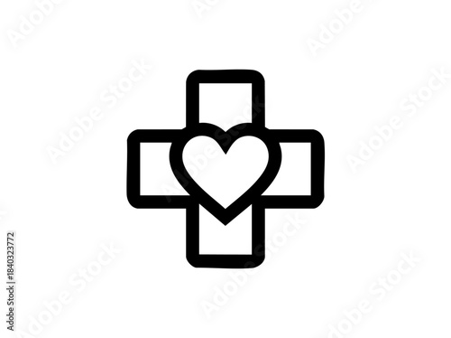 black silhouette vector icon of medical cross with heart shape