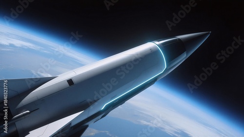 A futuristic missile soaring above Earth, expressing advanced technology or Used in sci-fi scenes