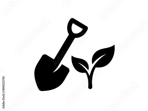 black silhouette vector icon of shovel and sprout, farming theme