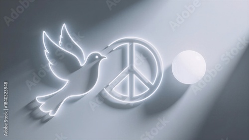Neon dove and peace symbol glowing softly, expressed peace or Used in calm scenes
