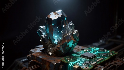 A glowing blue crystal on a circuit board, expressing futuristic tech or Used in sci-fi scenes