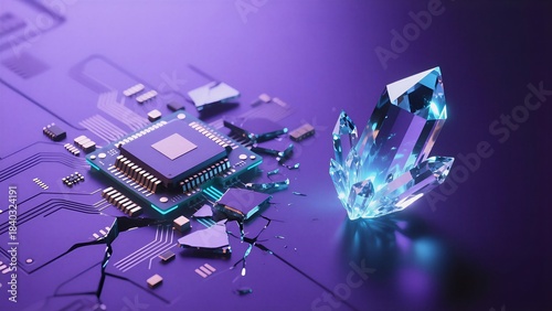 A glowing crystal emerges from a shattered circuit board, symbolizing innovation and technology.
