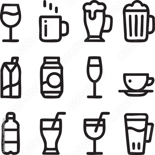 Collection of black outline icons representing various beverages and drink containers vector