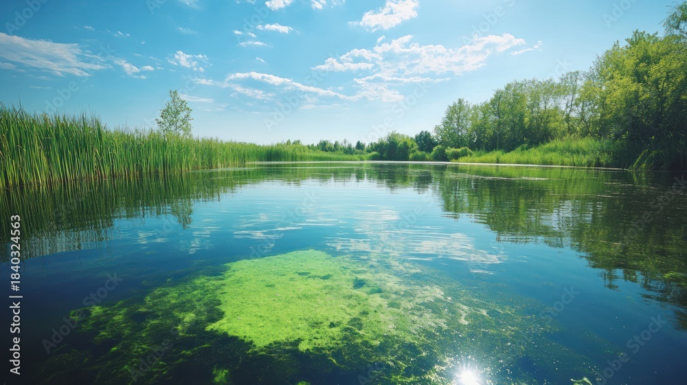 Fototapeta premium Calm water, green reeds, lush trees against a bright blue sky with scattered fluffy clouds