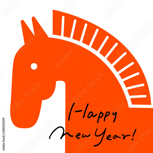 HAPPY NEW YEAR＋赤馬_スクエア,手書きテキスト｜ Red Horse, Square, Handwritten Text