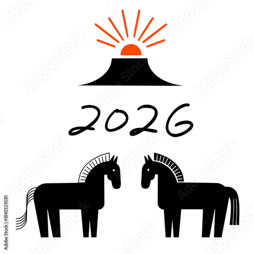 2026_初日の出＋馬_スクエア,手書きテキスト｜First Sunrise + Horse, Square, Handwritten Text