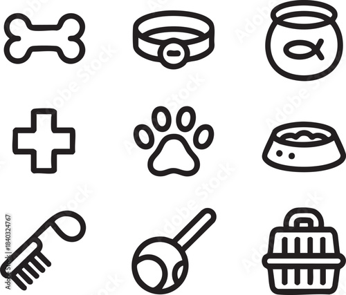 Collection of nine black and white line art icons depicting pet care items and symbols bone collar