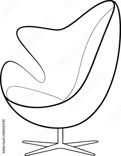 Egg Chair Line Drawing with Organic Contours and Star Metal Base for Modern Interior Design