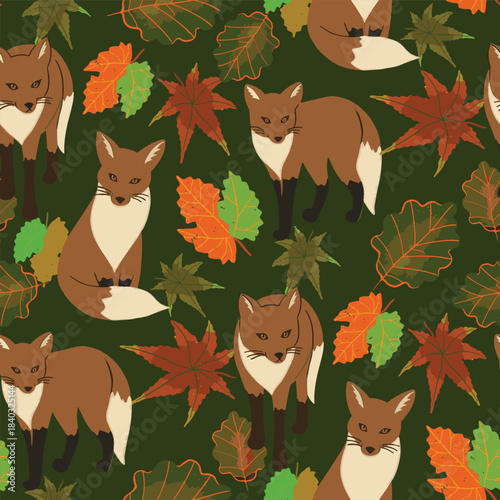 Autumn leaves and foxes seamless pattern design