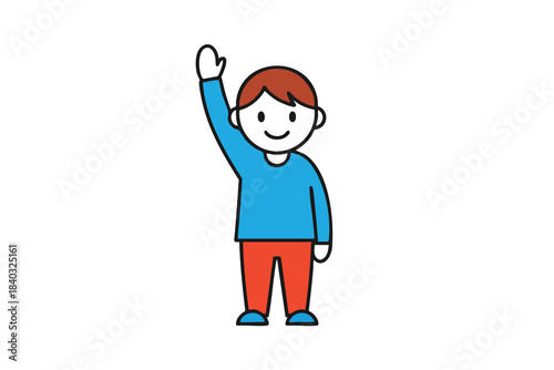 Cartoon boy waving hand in greeting or farewell gesture