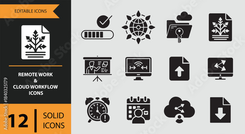 12 Remote Work and Cloud Workflow Icons solid icon set. remote office cloud collaboration solid icons
