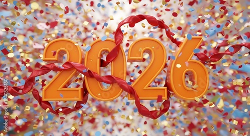 2026 new year celebration with confetti and red ribbons