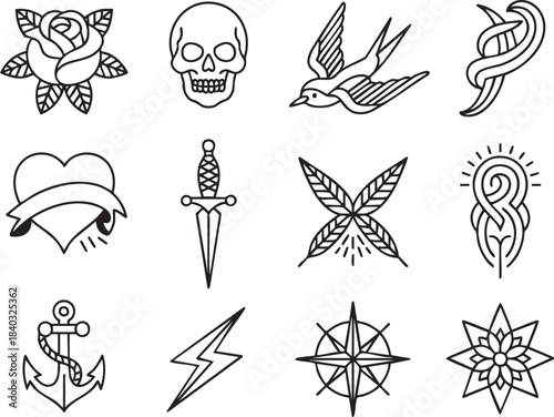 Collection of twelve black outline tattoo style icons including rose skull bird heart dagger anchor lightning bolt compass
