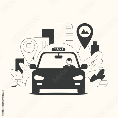 Taxi car with driver and location pins in city vector illustration