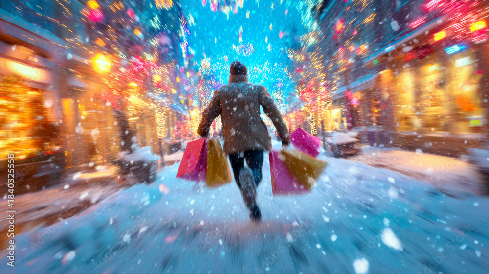Naklejka premium man running through vibrant snowy city street with motion blur and shopping bags