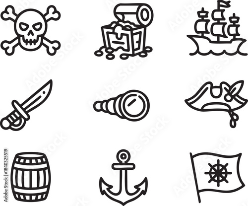 Pirate icons skull treasure chest ship sword spyglass hat barrel anchor flag crossbones