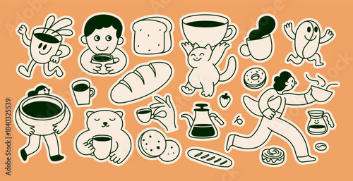 Vector logo and sticker design template, hand drawn doodle sketchy character and mascot, specialty coffee and cafe emblem, happy barista, latte, cappuccino, coffee cup mascot