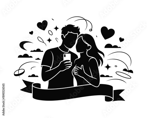 Couple Sharing Phone Moment with Hearts