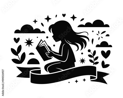 Girl Reading Book in Whimsical Dreamy Scene