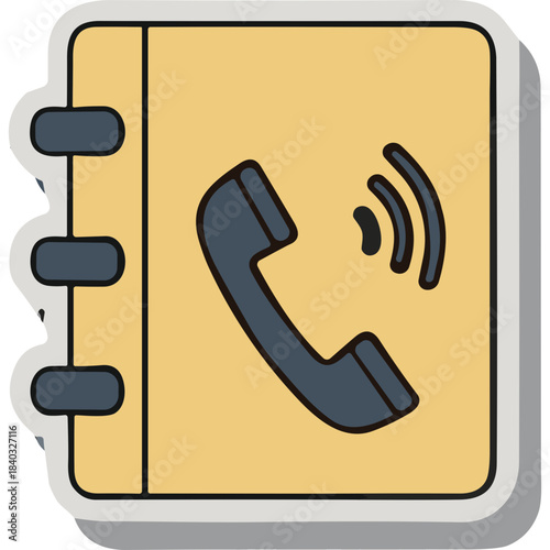 Yellow Address Book With A Black Handset Icon Showing A Telephone Receiver And Sound Waves On A White Background