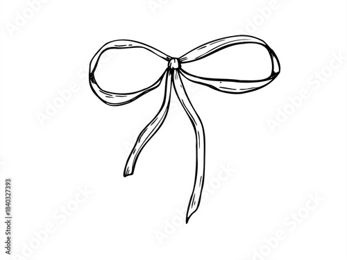 Decorative satin bow vector isolated illustration. Silk ribbon with tied knot line art black ink sketch. Simple classic element Linear draw for wedding stationery, fashion design, greeting cards