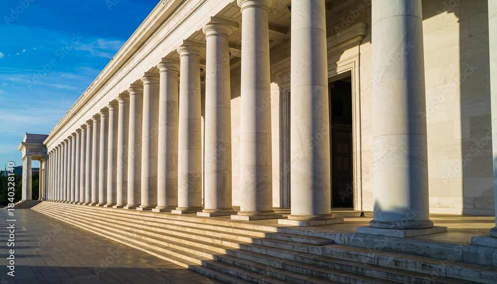 Fototapeta premium Neoclassical Marble Columns And Wide Stone Steps At Sunset