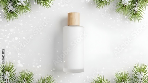 Frosted Cosmetic Bottle with Wooden Cap on Winter Pine Background
