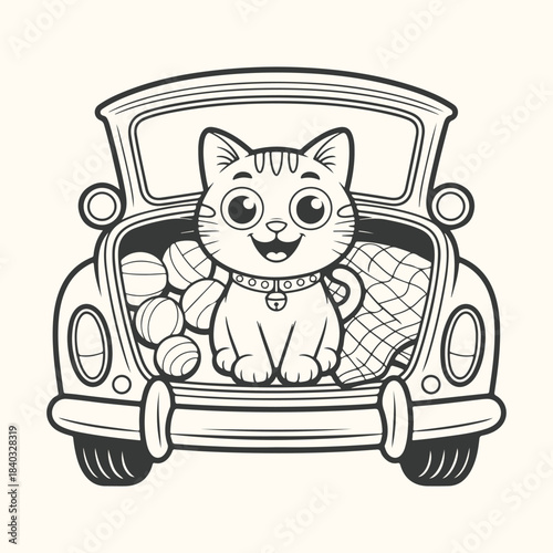 Cute Cartoon Cat Sitting In A Vintage Car With Yarn Balls cat, kitten, cute, cartoon