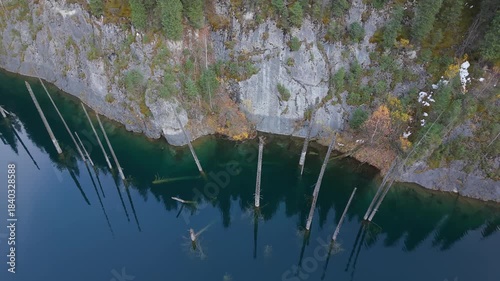 Aerial perspective reveals submerged trees rising from calm water, surrounded by rocky cliffs and lush greenery, showcasing the serene beauty of nature, camera pans smoothly across the landscape