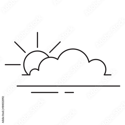 Sun partially rising behind a cloud, with ground lines. Represents early morning/late afternoon or partly cloudy day conditions. Simple and clean.