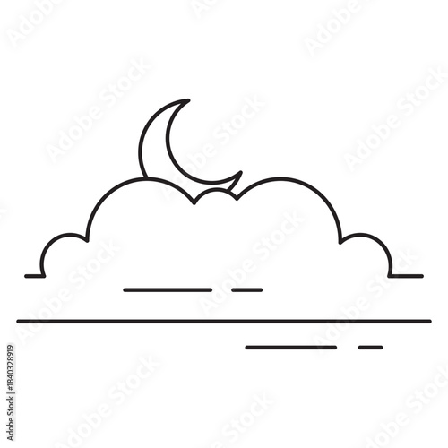 Outline vector icon showing a crescent moon hidden behind a cloud, with stylized ground/water lines. Represents partly cloudy night, midnight, or late evening weather.