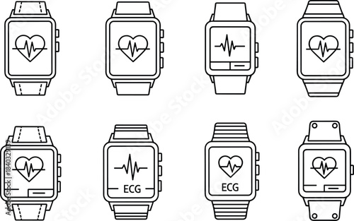 Heart Rate and ECG Monitor Icon Set: Outline Symbols of Wearable Devices Displaying Heartbeat Waveforms for Health and Fitness Application Graphics