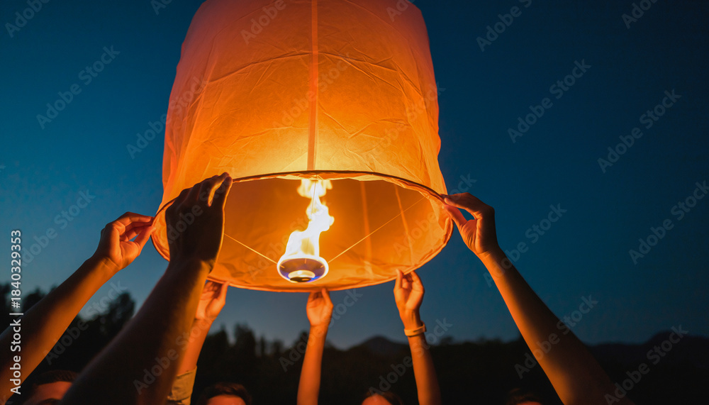 Obraz premium Hands holding glowing sky lantern at twilight symbolizing shared hopes wishes celebration and remembrance