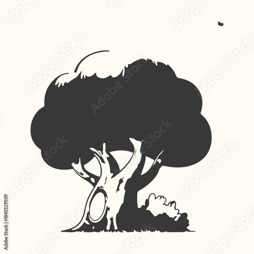 Stylized silhouette of a large, old tree with a hollow trunk nature