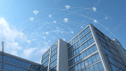 Modern office building with Wi-Fi symbols floating overhead, connected by arcs, under blue sky