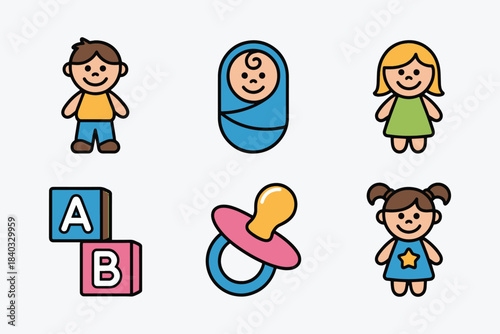 Cheerful cartoonstyle illustrations of kids a newborn baby learning alphabet blocks and a colorful pacifier for playful design