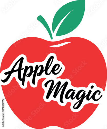 Apple magic" text logo on a vibrant red apple with a fresh green leaf, symbolizing innovation, healthy eating, enchantment, and whimsical branding for food products or digital services.