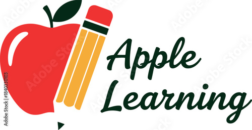 Apple learning logo concept featuring a stylized red apple icon with a green leaf and a classic yellow pencil, symbolizing education, knowledge, and academic pursuits on a clean white background.