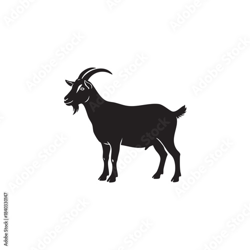 Goat silhouette vector illustration. Black farm animal shape isolated on white background. Domestic livestock icon with horns. Rural agriculture symbol.
