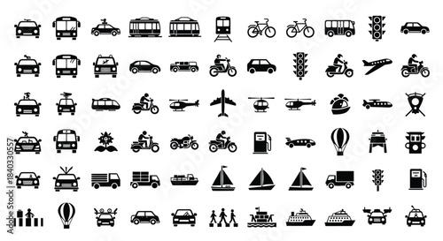 Collection of various transportation modes in black silhouette isolated on set of icons representing different vehicles