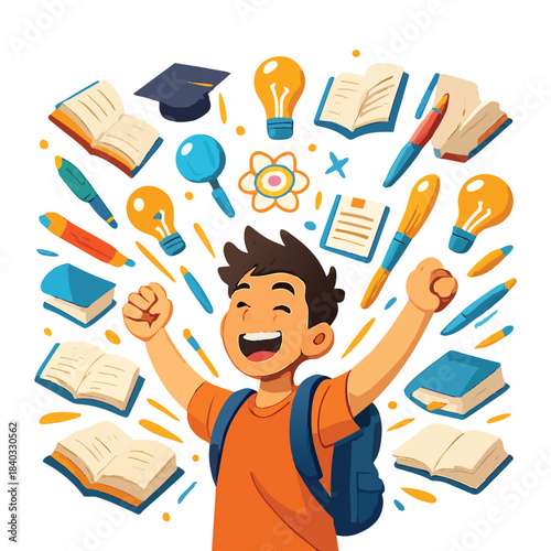  explosion of colorful study icons, floating books, pens, and lightbulbs around a joyful teenager, energetic composition, cartoonish yet modern illustration, symbolizing creativity and motivation, no 