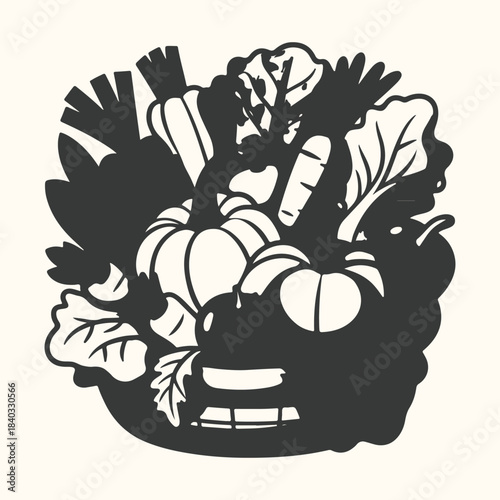 Silhouette of a basket overflowing with fresh vegetables and pumpkins vegetables