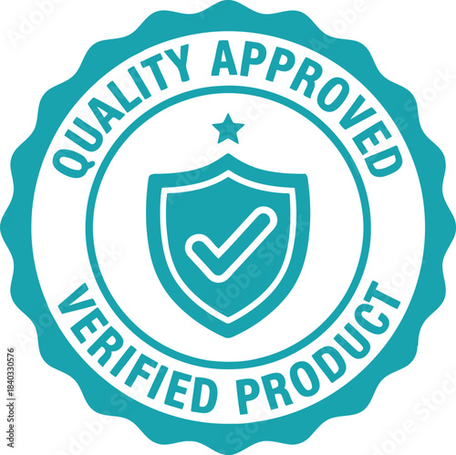 Quality approved verified product round teal badge with a shield and checkmark icon, representing guarantee, excellent standard, certification, assurance, and trust for consumers