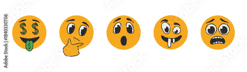 Hand-drawn doodle emoji faces with colorful chalk and crayon texture.