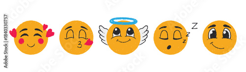 Playful doodle emoticon set featuring colorful round characters with various expressions.