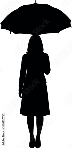 Full length silhouette of a woman standing and holding an umbrella, providing shelter from the elements, depicted in a stark vector graphic ideal for design projects requiring an isolated figure.