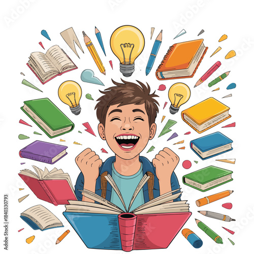  explosion of colorful study icons, floating books, pens, and lightbulbs around a joyful teenager, energetic composition, cartoonish yet modern illustration, symbolizing creativity and motivation, no 
